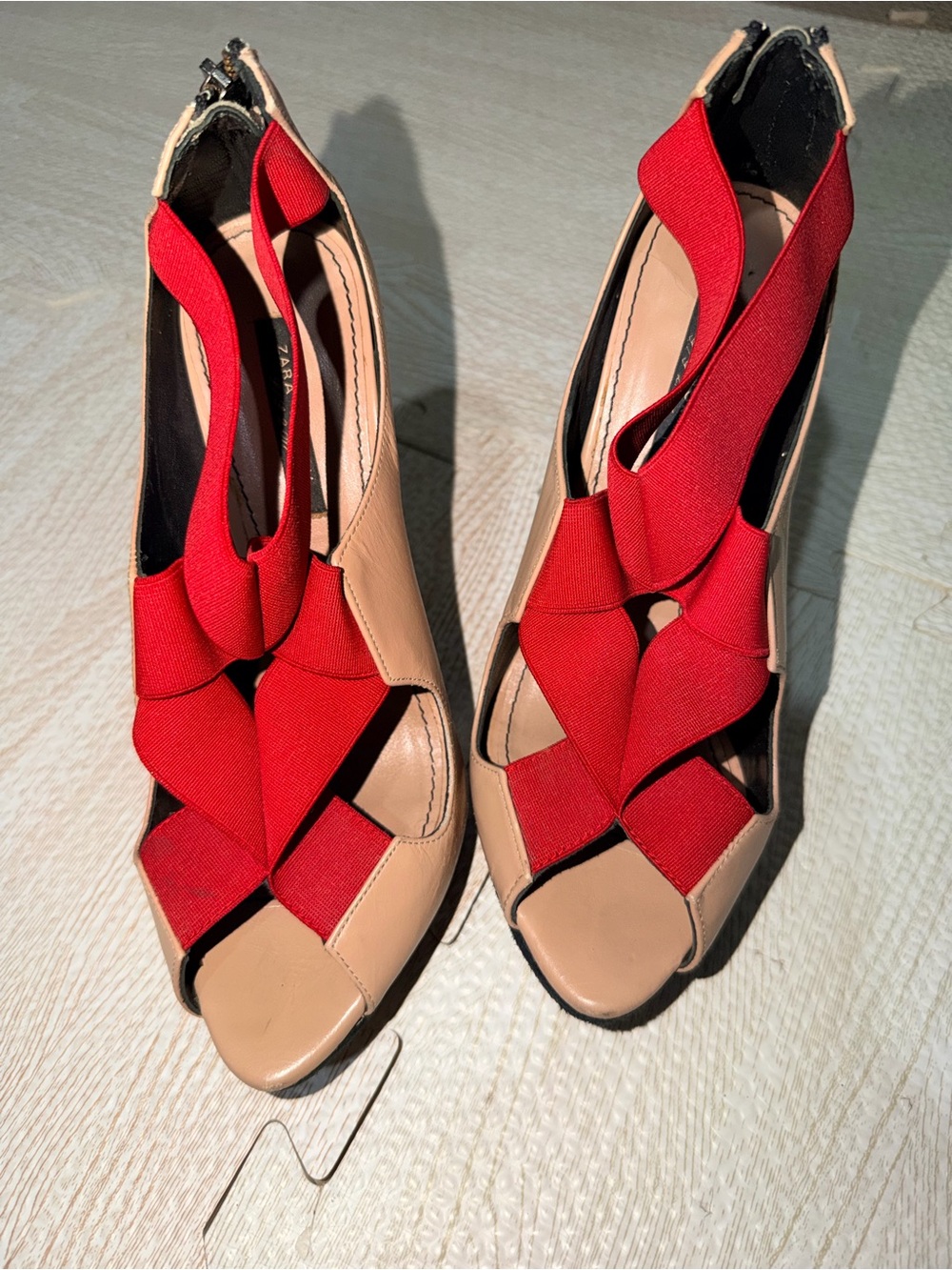Zara Nude and Red Strappy Open-Toe Heels